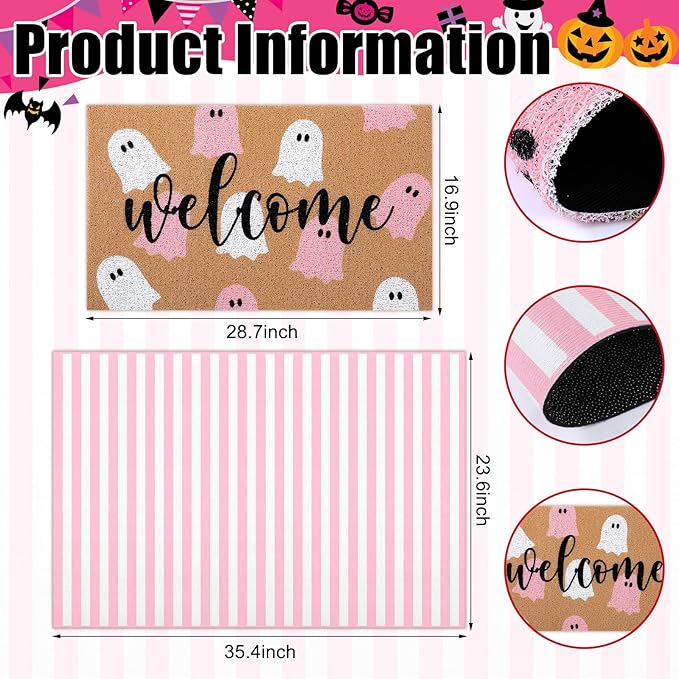 2 Pcs Halloween Door Mat Ghost Welcome Non Slip Coir Mats Pink White Stripe Floor Layering Doormats Seasonal for Front Porch Entryway Decor(Pink White Ghost)