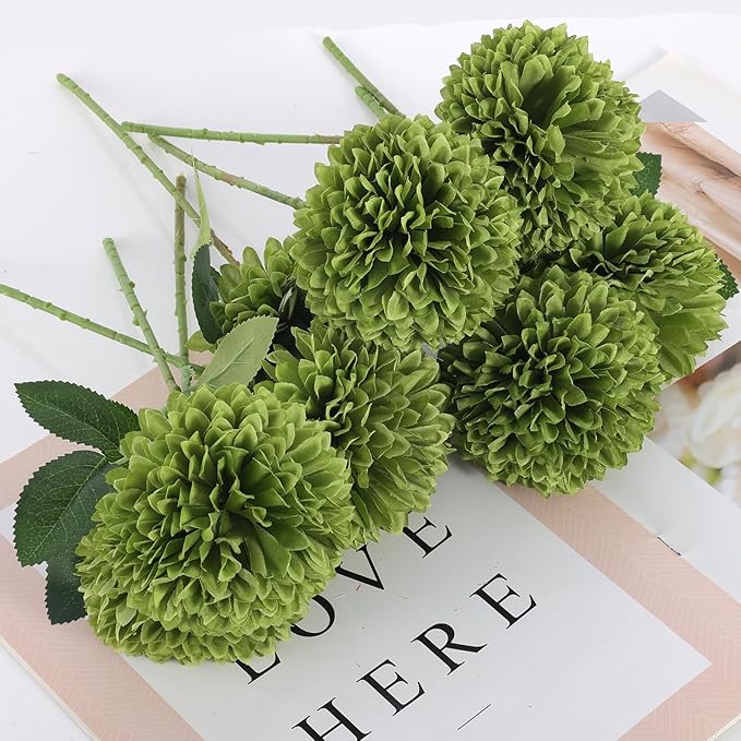 Hananona 12 Pcs Artificial Chrysanthemums Flowers Ball Flower, Fake Mums Flowers Green Silk Flowers for Home Decor Indoor Floral Arrangement St Patricks Day Table Centerpiece (12, Green)