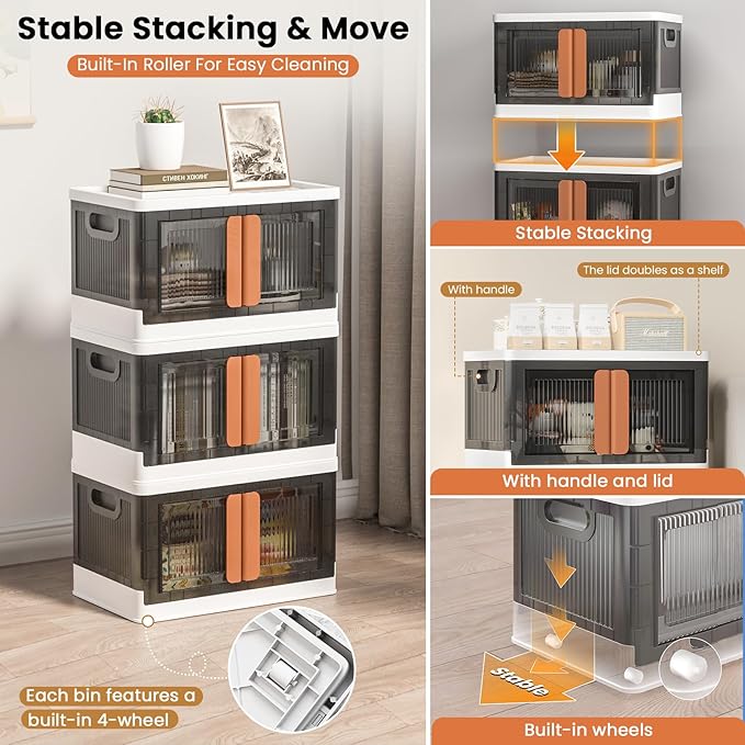 8.4Gal Collapsible Storage Bins with Lids & Wheels - 3 Pack Stackable with Doors, Heavy-Duty Plastic Containers for Home/Office, White