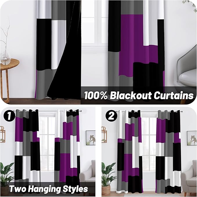 Purple 100% Blackout Curtains for Bedroom 96 inch Length 2 Panels Set Black Grey Modern Abstract Geometric Black Out Curtains Insulated Room Darkening Window Drapes for Living Room, 52Wx96L