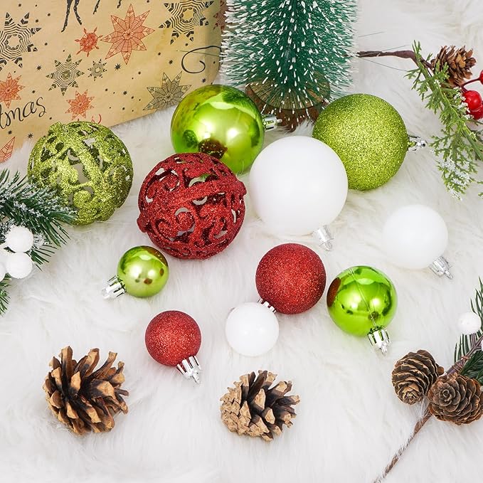 Christmas Balls Tree Ornaments, Shatterproof Christmas Decorations Set with Reusable Hand-held Gift Package for Holiday Xmas Tree Decor(Red, Green & White)