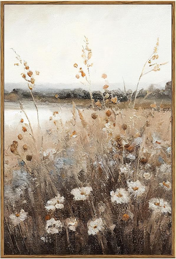 KBKBART Vintage Wall Art Framed, Retro Countryside Autumn Wildflower Field Landscape Canvas Painting Farmhouse Decor Wall Art, Rustic Fall Landscape Bathroom Wall Decor for Bedroom Living Room,