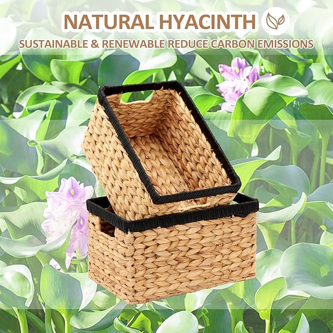 Wicker Storage Basket 2 Pack, Water Hyacinth Storage Baskets with Built-in Handles, Large Wicker Baskets for Storage & Organizing, Natural with Black