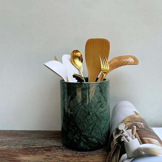 Handmand Natural Marble Stone Vintage Kitchen Utensil Holder - 5.1" D X 6.3" H Kitchen Counter Organizers and Storage Tool Crock (Indian Green)