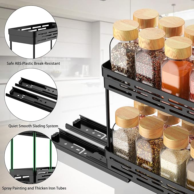 2 Pack Pull Out Spice Rack Organizer for Cabinet, Slide Out Spice Racks Organizer, Spice Cabinet Organizers, Cabinet Size Need:12'' Highx11'' Deepx5'' Wide,Hold 10 Spice Jar Each Tier-2Tier, Black