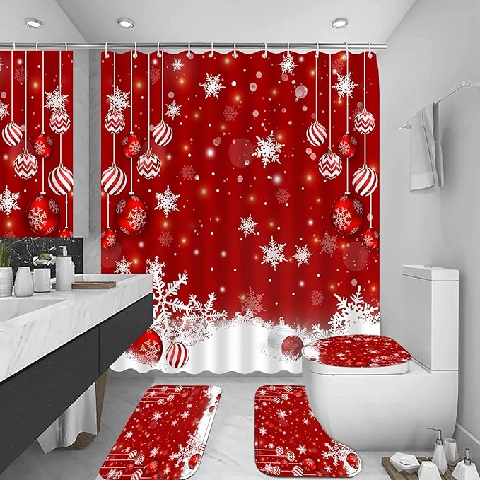 FZDHHY 4PCS Christmas Red Bathroom Decor Set Christmas Decorative Ball Shower Curtain Set Snow Bathroom Set Festivals Shower Curtains for Bathroom with Hooks 72x72 inch