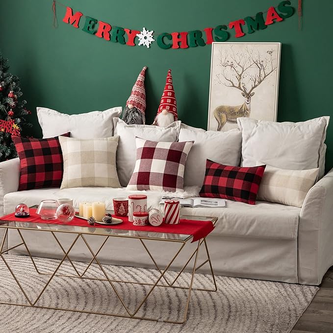 MIULEE Pack of 2 Farmhouse Checkers Buffalo Plaids Polyester Linen Soft Solid White and Red Decorative Throw Pillow Covers Home Decor Cushion Case for Sofa Bedroom 12 x 20 Inch