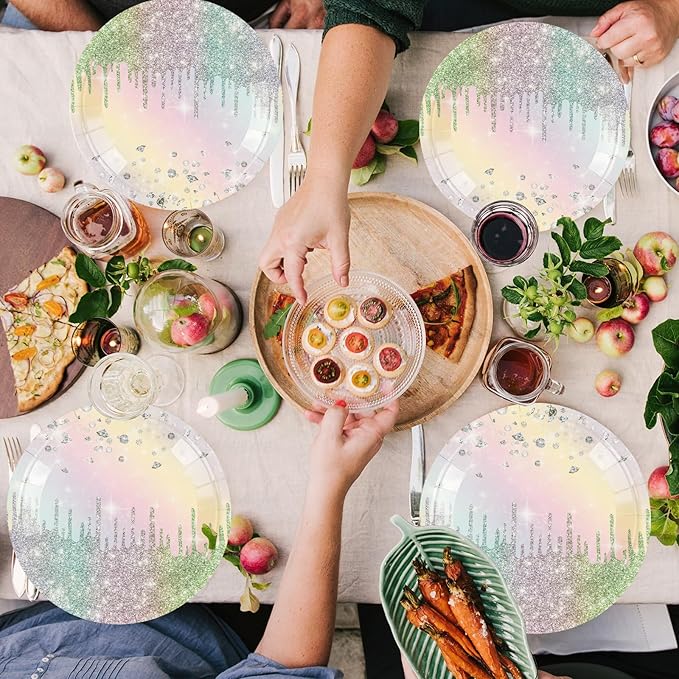 50PCS Colourful Glitter Paper Plates - 7inch Rainbow Diamond Birthday Dessert Plate for Cake Salad Pizza Disposable Supplies for Girls Women Mermaid Anniversary Birthday Wedding Party