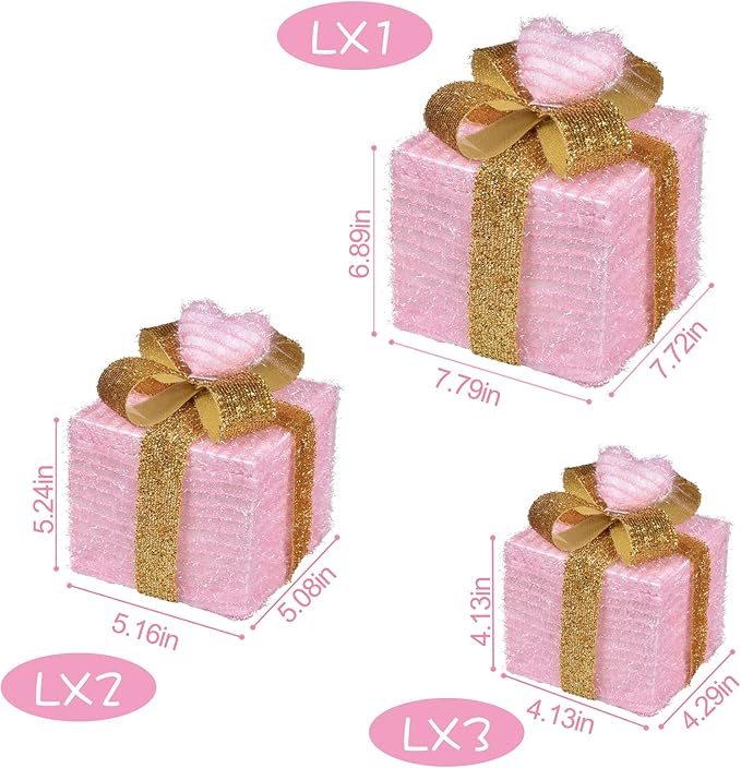 Wedding Decorations Light up Gift Boxes with Pink Heart, Light up Xmas Boxes with Battery Operated for Wedding Christmas Valentine's Day Decorations Indoor and Outdoor (3 Pack) (Pink Heart)
