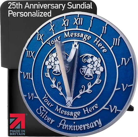 Metal Foundry Personalized Silver 25th Sundial - Heavy Duty Recycled Brass Home Decor, Garden Present Made in The UK for Parents, Grandparents, Friends, Couples 25 Years Marriage