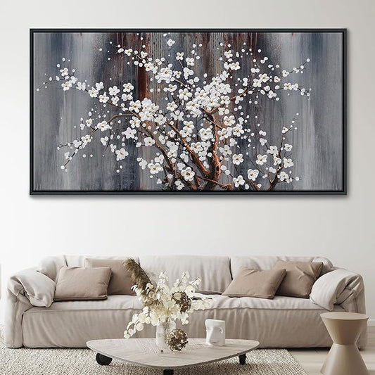Wall Art for Living Room Large Modern Wall Decor Canvas Paintings for Wall Decorations White Flower Brown Bedroom Office Artwork Plum Blossom Art Prints Framed 20×40IN