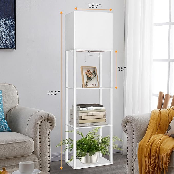 Dott Arts Floor Lamp with Shelves, Wide Floor Lamps for Living Room Display Shelf Lamps with 3 Color LED Bulb,Storage Wood Modern Floor Lamp for Bedroom Standing Lamp for Living Room Office（White）