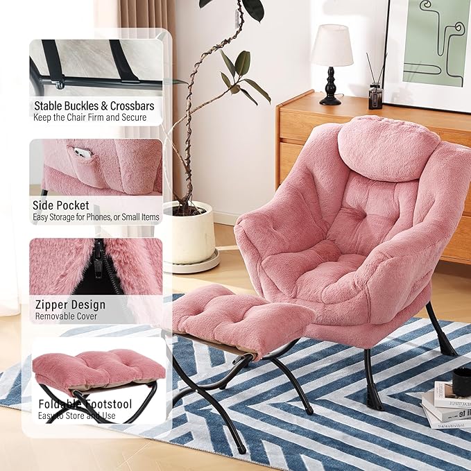 Lazy Chair with Ottoman, Modern Chair with Folding Footrest, Lounge Accent Chair, Comfortable Reading Chair (Plush Dark Pink)