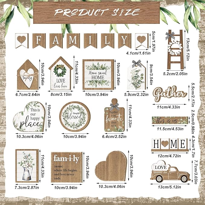 Yaomiao 21 Pcs Farmhouse Tiered Tray Decor Set Rustic Farmhouse Wood Decor Sign Item Vintage Rustic Family Gather Blessed Tiered Tray This is Our Happy Place Sign for Home Kitchen Table Shelf(Leaves)