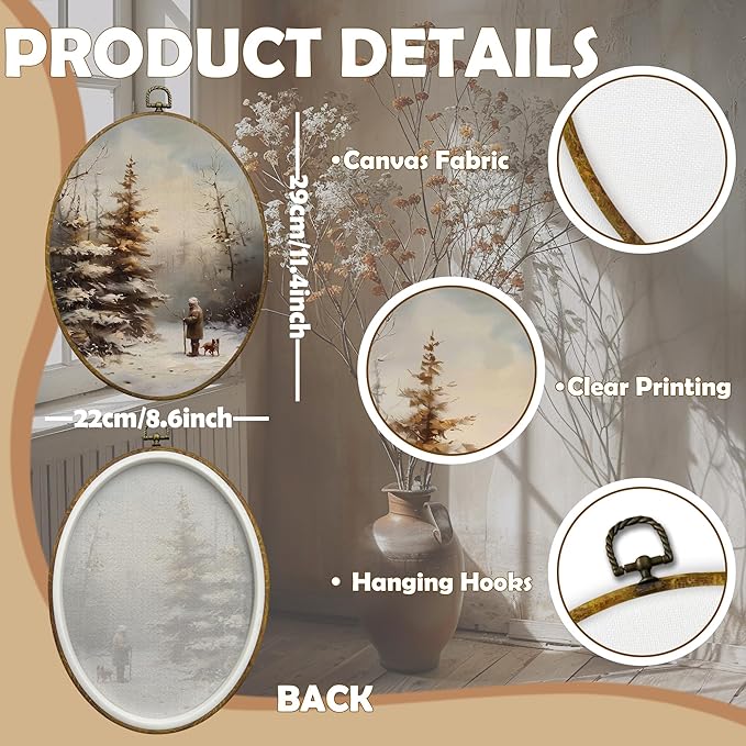CUANFDDSF Vintage Farmhouse Winter Oval Wall Art Decor, Rustic Christmas Pine Tree Landscape Wall Hanging Decor, Retro Country Winter Framed Canvas Prints for Home Bedroom Living Room, 8.6x11.4 Inch
