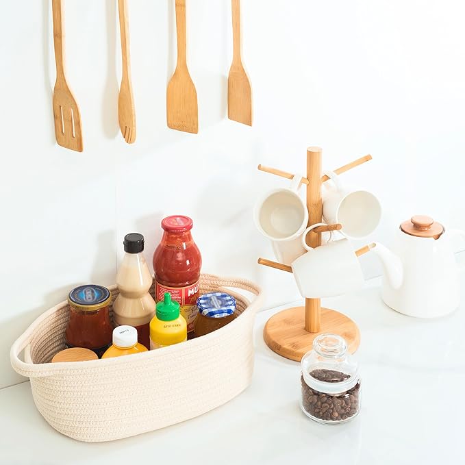 MINTWOOD Design 5-Piece Storage Baskets for Organizing, Small Woven Rope Baskets for Storage and Shelves, Dog Cat Toy Basket Box, Pantry Bathroom Organization Bins, Nightstand Organizer, Beige