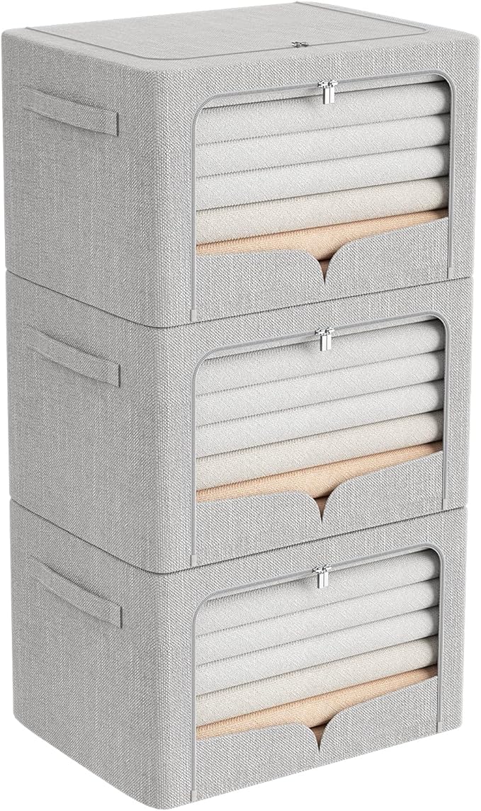 3 Pack Clothes Storage Bins Foldable Metal Frame Storage Box Extra Large Stackable Linen Fabric Organizer Set with Carrying Handles and Clear Window (Light Gray, 23.6x16.5x15.7inch(100L))