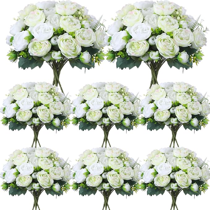 Geosar 8 Bundles Artificial Peonies Flowers Fake Silk Peony Bouquet Faux Peonies Flowers Bulk for Decoration Vase Florals Arrangements Wedding Party Table (White,Green)