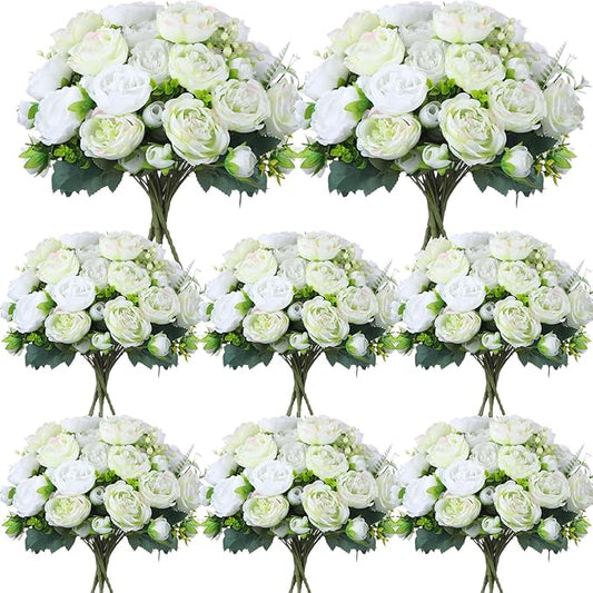 Geosar 8 Bundles Artificial Peonies Flowers Fake Silk Peony Bouquet Faux Peonies Flowers Bulk for Decoration Vase Florals Arrangements Wedding Party Table (White,Green)