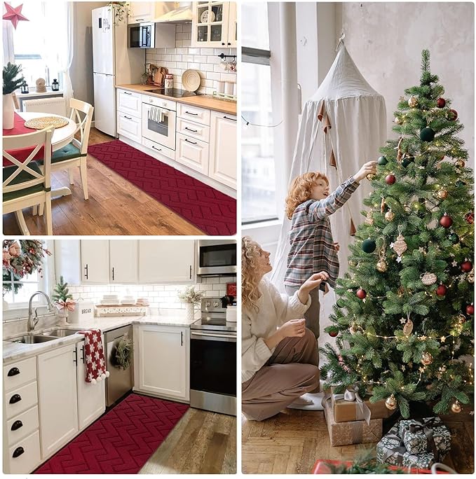 hicorfe Kitchen Rugs and Mats Sets,2 Pieces Super Absorbent Polypropylene Non-Slip Rug,Soft Comfort Floor Mat,Machine Wash for Kitchen,Hallway,Office,Sink,Laundry(20" x 31.5" Plus 20" x 48",Red