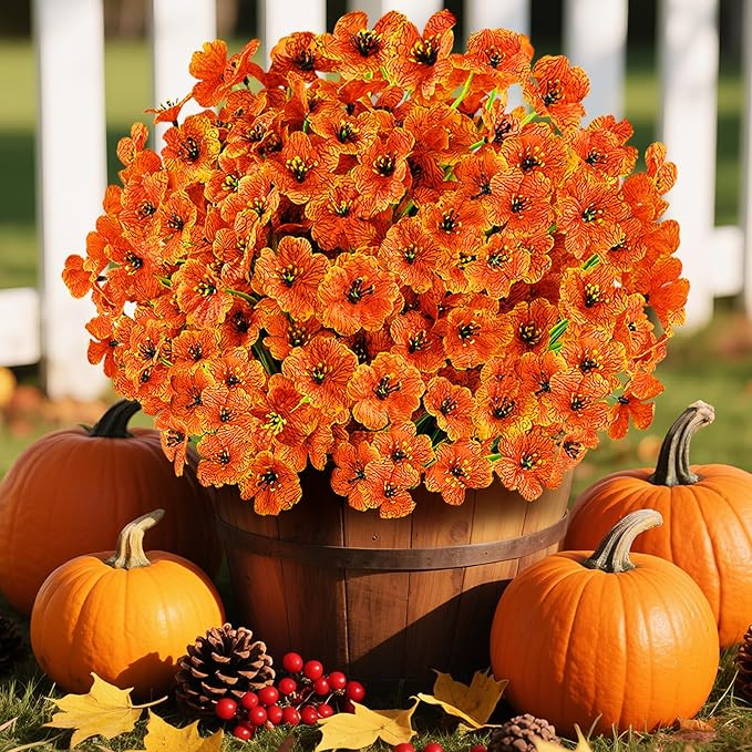 24 Bundles Artificial Fall Flowers for Outdoors, Realistic Fake Silk Flowers for Outside Decoration, Autumn Faux Plants Outdoor Planter Window Box Porch Patio Decor(Orange)