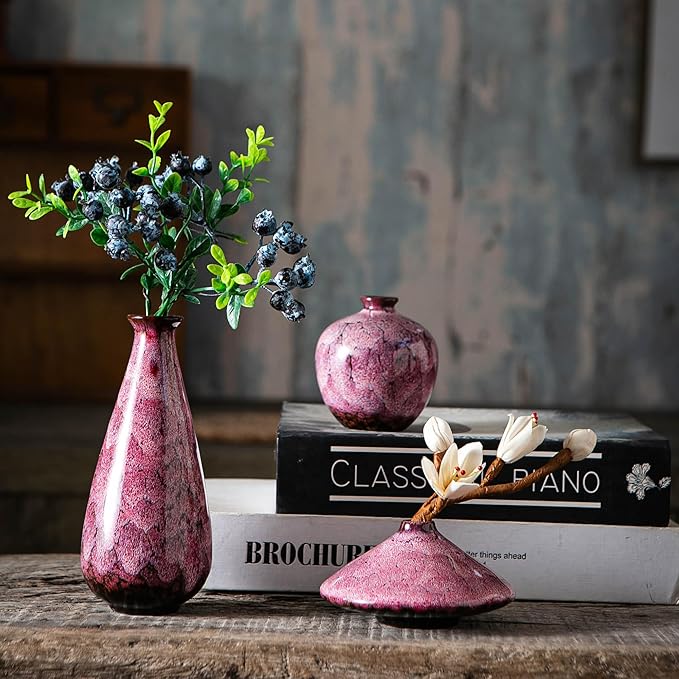 Pink Ceramic Bud Vases, Set of 6 Small Glazed Pottery Vases for Floral Arrangements, Decorative Rustic Vases for Modern Farmhouse Home Decor, Living Room, Dining Table Centerpieces