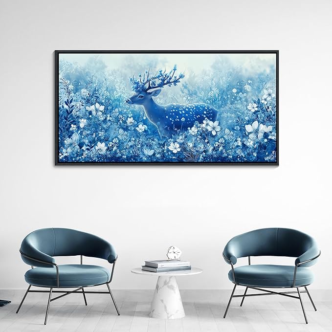 JEAWA Framed Canvas Wall Art - Extra Larte Spring Landscape Flower Wall Painting with Reindeer in Forest 24x48 IN Wildlife Deer Picture Wall Decor for Living Room Bedroom Kitchen Office Bathroom