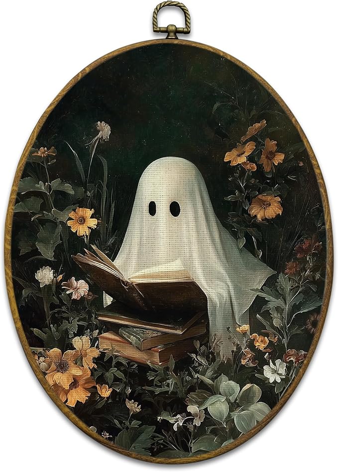 Mcehtle Moody Ghosts Botanic Wall Art Decor, Halloween Cottagecore Dark Academia Framed Canvas Prints 8.6x11.4, Ghost Reading Round Wall Hanging Artwork Decorations for Bedroom Gallery