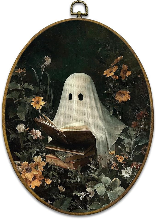 Mcehtle Moody Ghosts Botanic Wall Art Decor, Halloween Cottagecore Dark Academia Framed Canvas Prints 8.6x11.4, Ghost Reading Round Wall Hanging Artwork Decorations for Bedroom Gallery