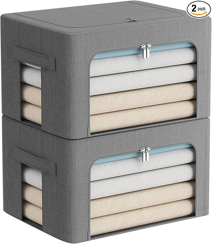 2 Pack Clear Window Storage Bins Foldable Fabric Storage Bins Boxes for Clothes Stackable Box Organizer Set with Carrying Handles (Gray,22L, 15.7x 11.8x 7.8 Inch)