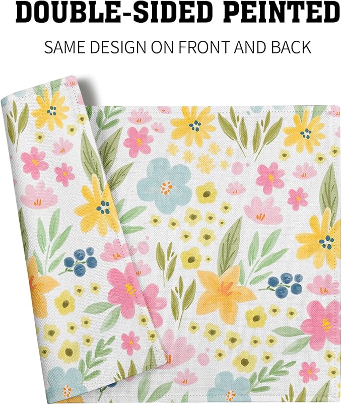 Cute Floral Placemats 12×18 Inches Set of 4 Spring Summer Seasonal Indoor Kitchen Dining Table Place Mats for Home Party Decoration