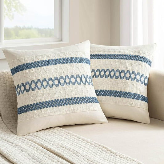 MIULEE Set of 2 Coastal Blue Boho Decorative Pillow Covers 20x20 Inch Farmhouse Rustic Couch Throw Pillows Modern Summer Cotton Cushion Covers Retro Cute Macrame Woven Home Decor for Bed Sofa Chair