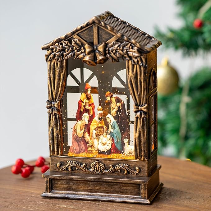 Christmas Snow Globe Lighted Manger Nativity Scene, Musical Window Water Lantern Play Silent Night Music in Swirling Glitter, Holiday Decorations Gifts for Family, Children or Friends