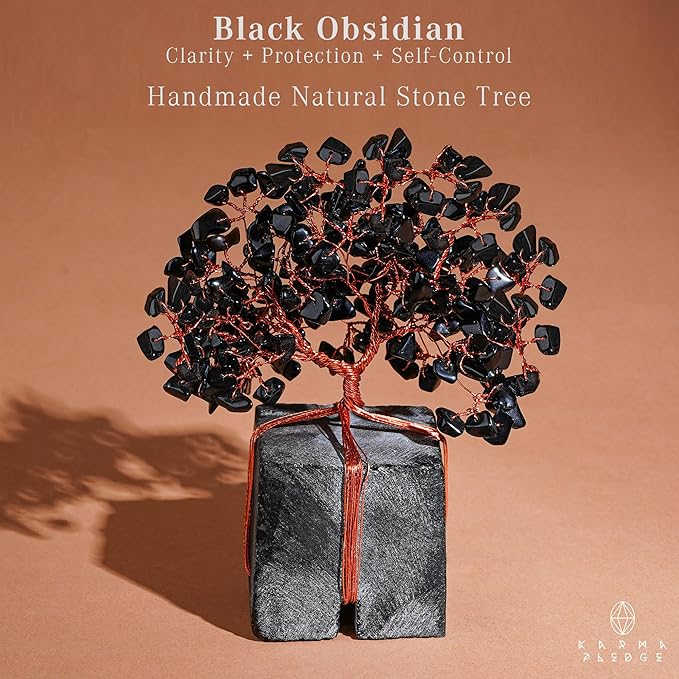 Crystal Tree of Life Feng Shui Decor for Home and Office, Blask Obsidian Chakra Healing Crystal Handmade Tree for Positive Energy, Money, Good Luck, Christmas Decor, Birthday Gifts for Women