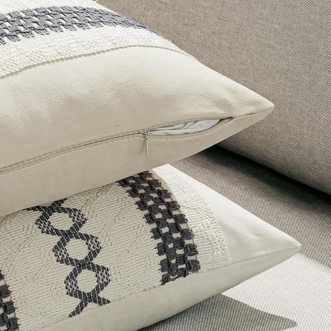 MIULEE Set of 2 Gray Boho Decorative Lumbar Pillow Covers 12x20 Inch Farmhouse Rustic Couch Throw Pillows Modern Cotton Cushion Covers Retro Cute Macrame Woven Home Decor for Bed Sofa Chair