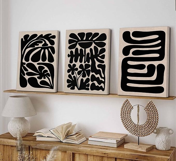 3 Pcs Boho Abstract Floral Canvas Wall Art Mid Century Modern Minimalist Black Neutral Flower Botanical Picture Wall Decor Poster Print Artwork for Living Room Bedroom Home Decoration