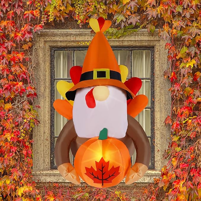 Juegoal Fall Decor Window Inflatable Gnome, 3.5FT Light Up Thanksgiving Gnome with Turkey Wings Holds Pumpkin, Animated Autumn Harvest Front Door Roof Prop, Outdoor Indoor Holiday Party Blow up Decor