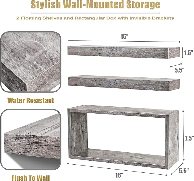 Sorbus Floating Shelves for Wall Set of 3 - Bathroom Shelves for Wall Storage, Over Toilet, Bedroom, Farmhouse, Decor - 2 Floating Shelves with Invisible Brackets & 1 Rectangular Box, Grey
