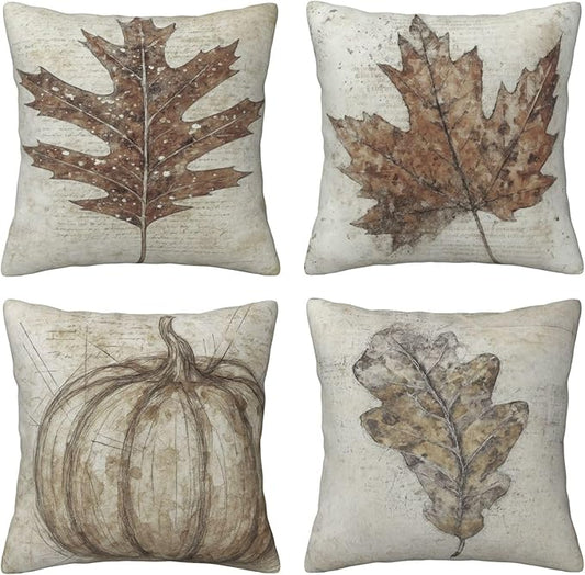 Fall Pumpkin Pillow Covers 18x18 Set of 4, Linen Autumn Outdoor Thanksgiving Harvest Maple Fallen Leaves Rustic Farmhouse Decorations for Sofa Couch