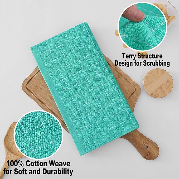 Homaxy 100% Cotton Terry Kitchen Dish Cloths, Ultra Soft and Absorbent Dish Towels for Kitchen, Suitable for Drying and Washing Dishes, 8 Pack, 12 x 12 Inches, Turquoise
