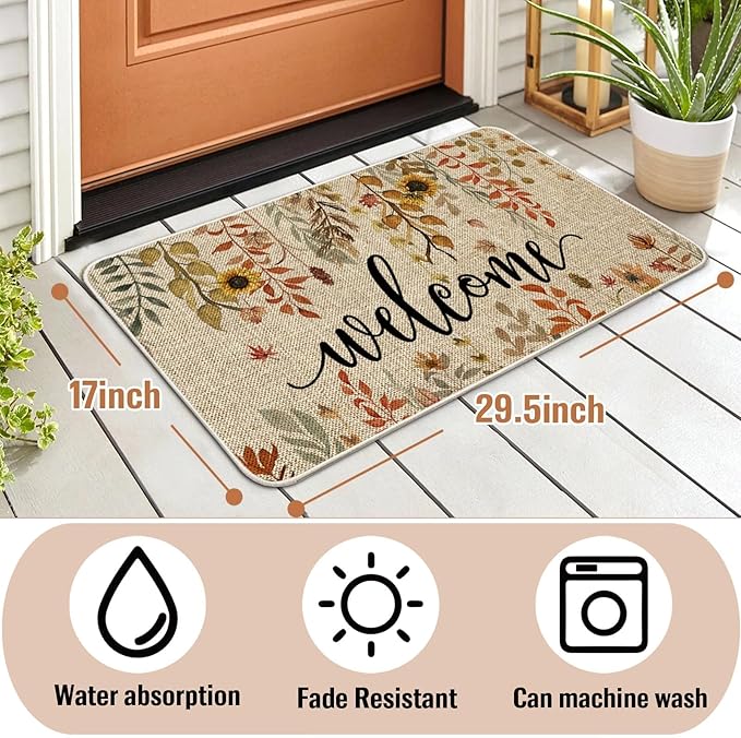 ORTIGIA Welcome Fall Doormat Eucalyptus Leaves Sunflowers Door Mats Indoor Outdoor Patio Non-Slip Entrance Floor Mat for Home, Outside, Yard, Patio 17x29 Inch