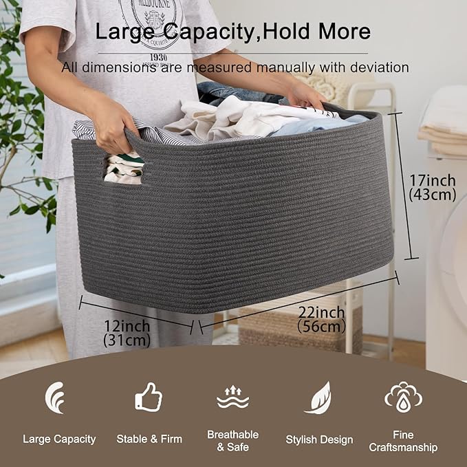 OIAHOMY Large Blanket Basket,Storage Basket with Handle, Blanket Basket for Living Room, Rectangle Woven Cotton Rope Basket for Bedroom, Toy Baskets Organizer Bins, 22" x 17" x 12" in, Dark Grey