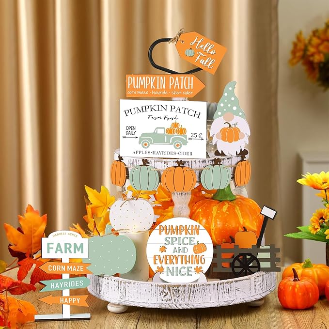 Sumind 15 Pcs Fall Tiered Tray Decor Set Fall Decorations for Home Autumn Wood Signs Thanksgiving Orange Brown Table Signs Farmhouse Wooden Maple Pumpkin Gnomes Tabletop for Festival(Gnomes)