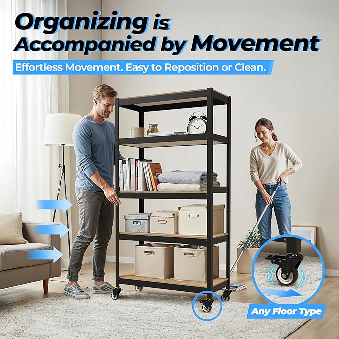 HOMEDANT House 5-Tier Metal Boltless Rolling Cart Shelf Rack Casters Heavy Duty Wheel Shelving Unit Adjustable Utility Storage Shelves Organizer Shelf Kitchen Garage 48.1" W x 18.5" D x 75.4" H 1Pack