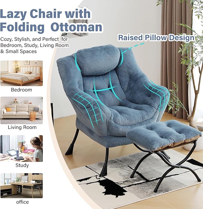 Lazy Chair with Ottoman, Modern Chair with Folding Footrest, Lounge Accent Chair, Comfortable Reading Chair (Plush Light Blue)
