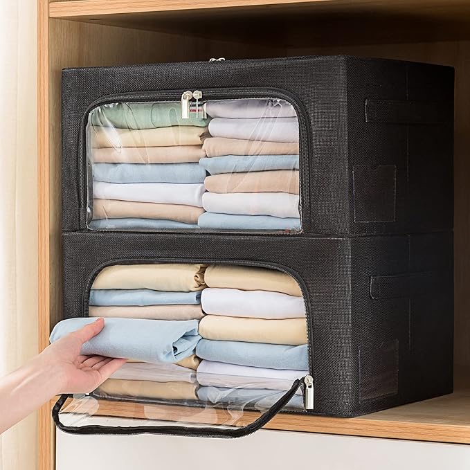 Clothes Storage Bins Box - Linen Fabric Foldable Stackable Container Organizer Set with Clear Window & Carry Handles & Metal Frame (Black, Large-66L)