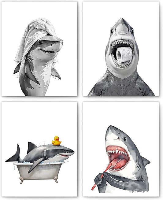 FITIE Funny Shark Bathroom Wall Art Posters Set of 4, Ocean Shark Bathroom Decor, Coastal Beach Humorous Sea Animal Sharks Canvas Prints Artwork Wall Decor for Bath Wash Room, 8x10 Unframed