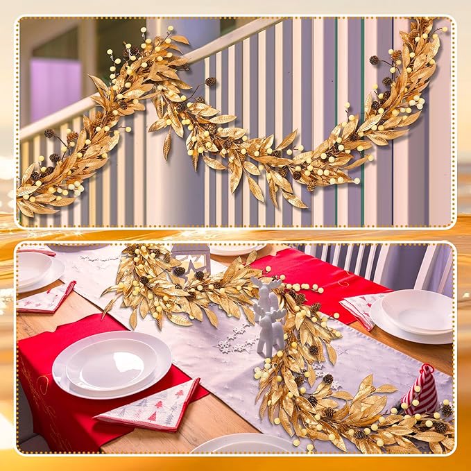 Dingion 6 ft Gold Christmas Leaf Garland with Berry and Pine Cone for Christmas Tree Mantle Gold Bay Leaf Garland Artificial Bayleaf Berry Garland Christmas Gold Leaves Garland for Xmas Holiday Decor
