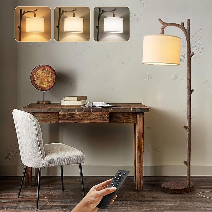 OYEARS Retro Farmhouse Floor Lamp for Living Room with Remote Rustic Standing Lamps Tree Trunk Deco Modern Country Vintage Wood Floor Lamp（Brown,Bulb Included）