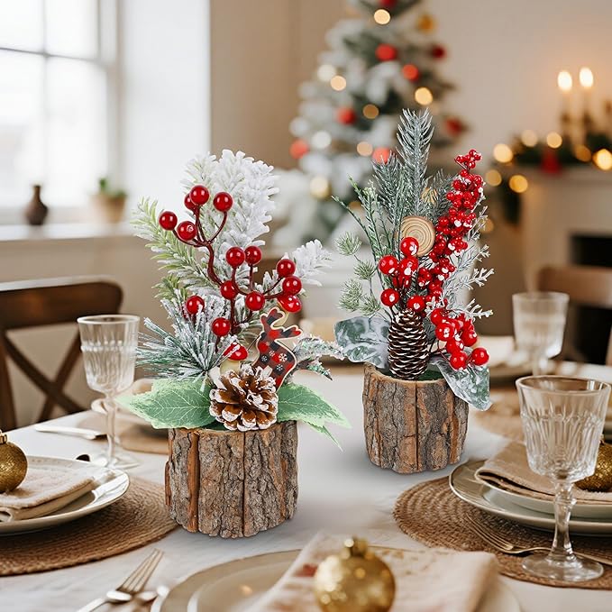 winemana 3 Pack Mini Christmas Trees Table Decorations, 11.5 Inch Small Artificial Xmas Tree Centerpieces with Red Berries & Pine Cones for Home, Office, Tabletop, Indoor Holiday Party Decor